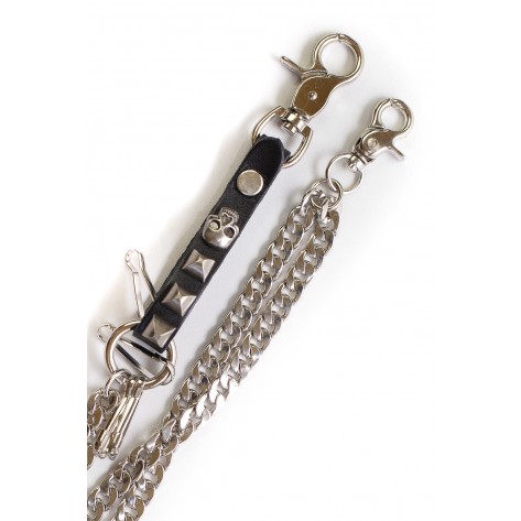 Lant pantaloni  Solid Steel - metal inox cu doua ramificatii - zale tesite si piele cu craniu